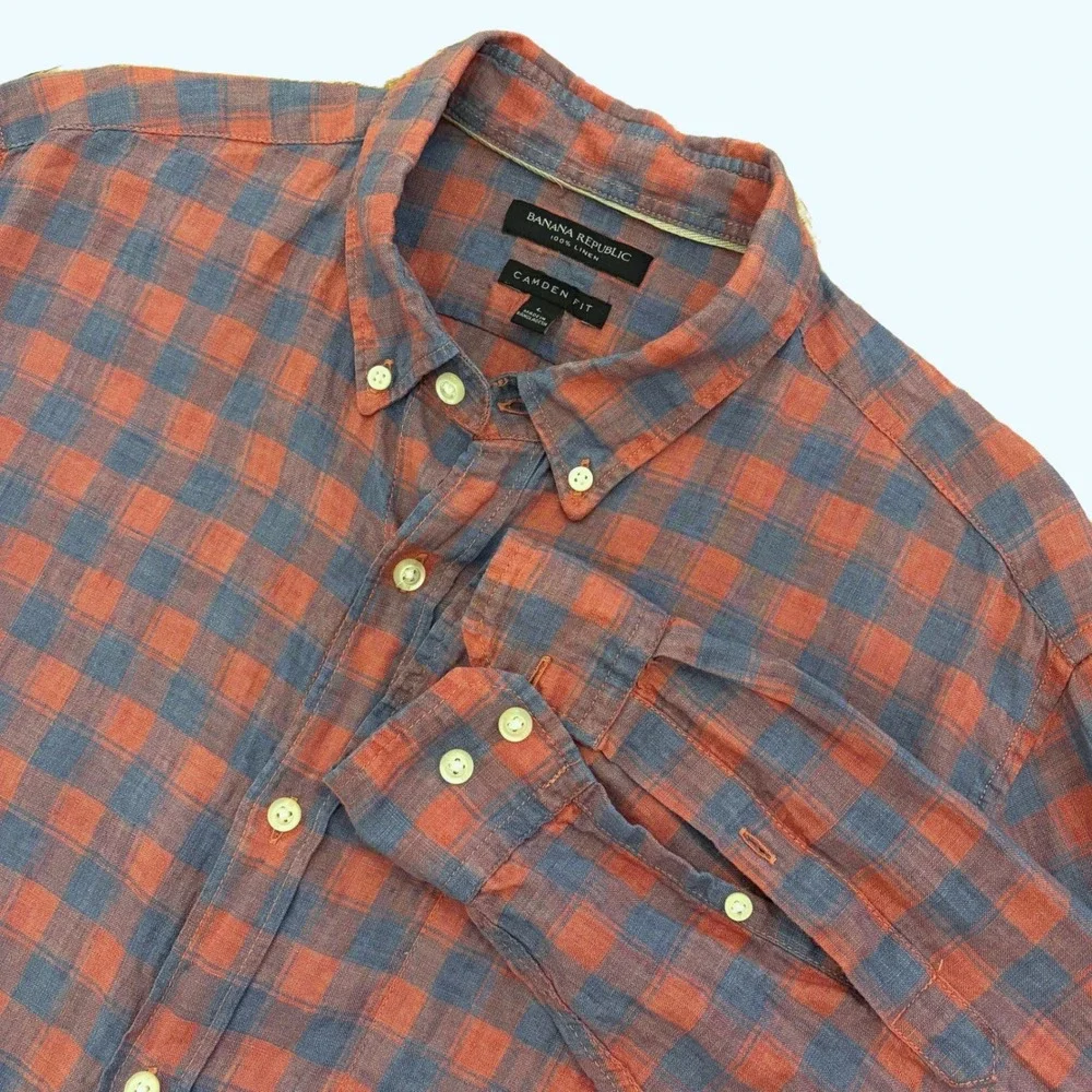 Banana Republic 100% Linen Button Up Shirt Mens Large Camden Fit Red Blue Check